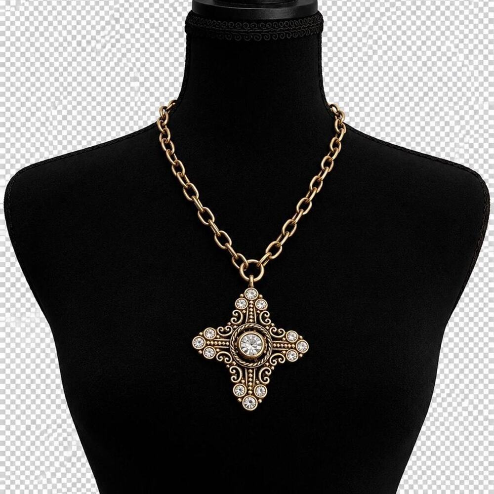 Retired Brighton Glimmer Cross Necklace Crystal Silver Scrollwork Brighton Pouch
